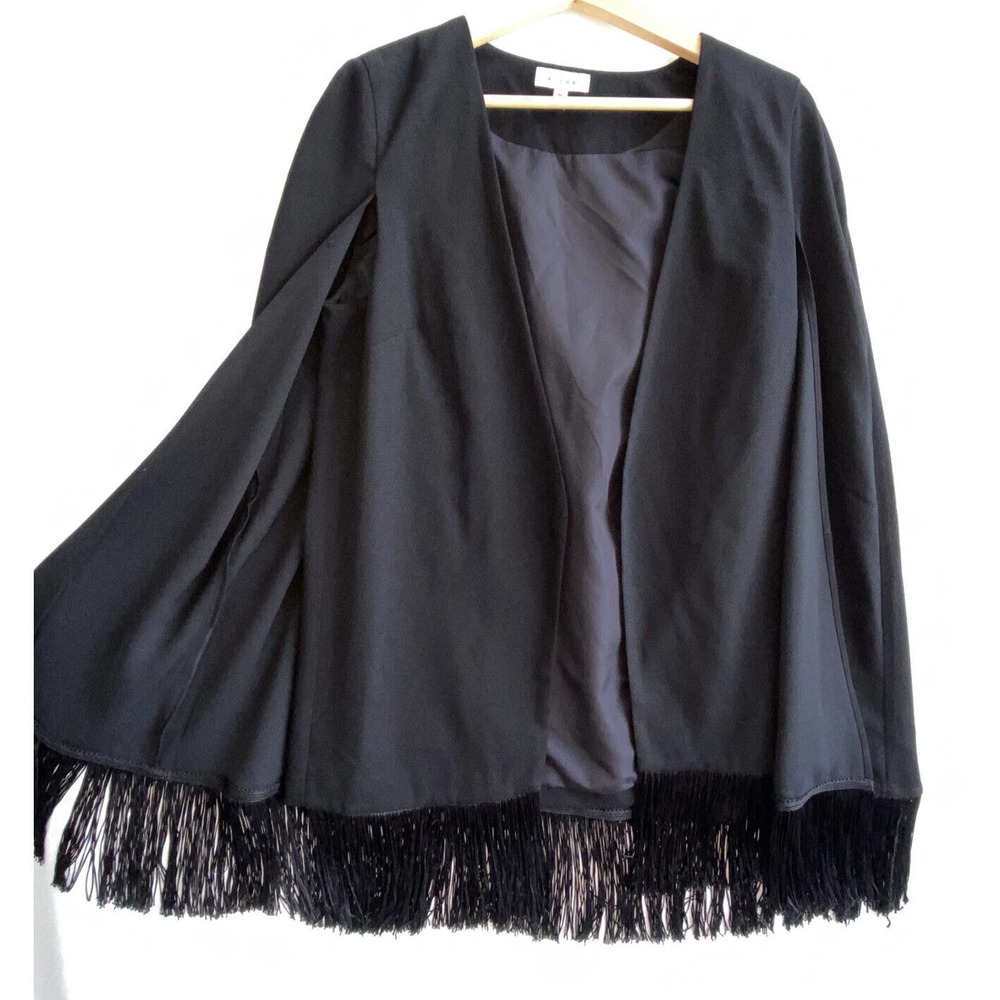 K/LAB Black Open Front Dressy Cape Jacket Fringe Hem Lined Size M